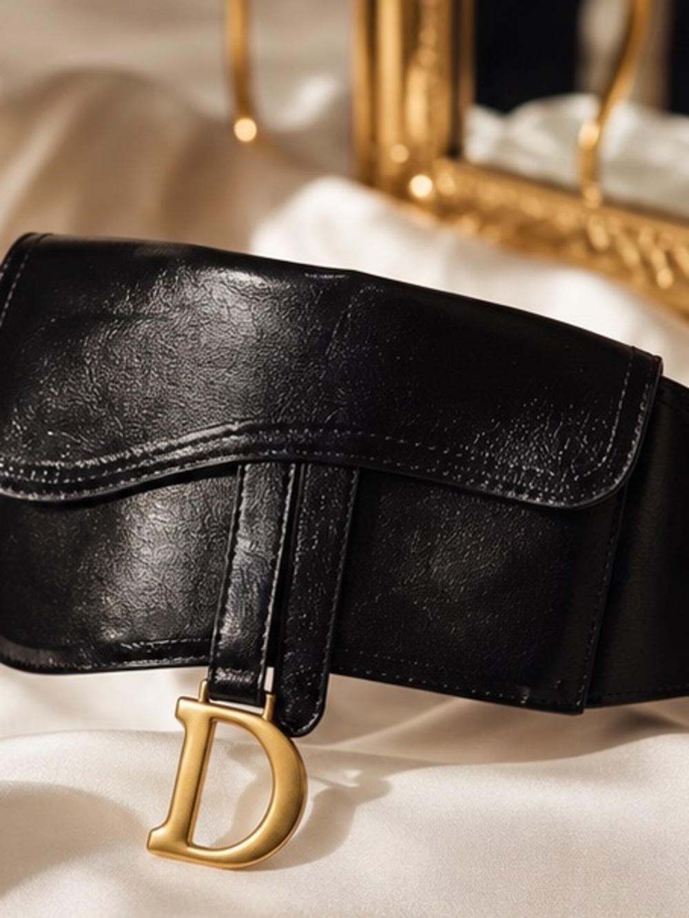 Couture Black Leather Cinch Belt with Signature Gold D - Picture 2 of 5